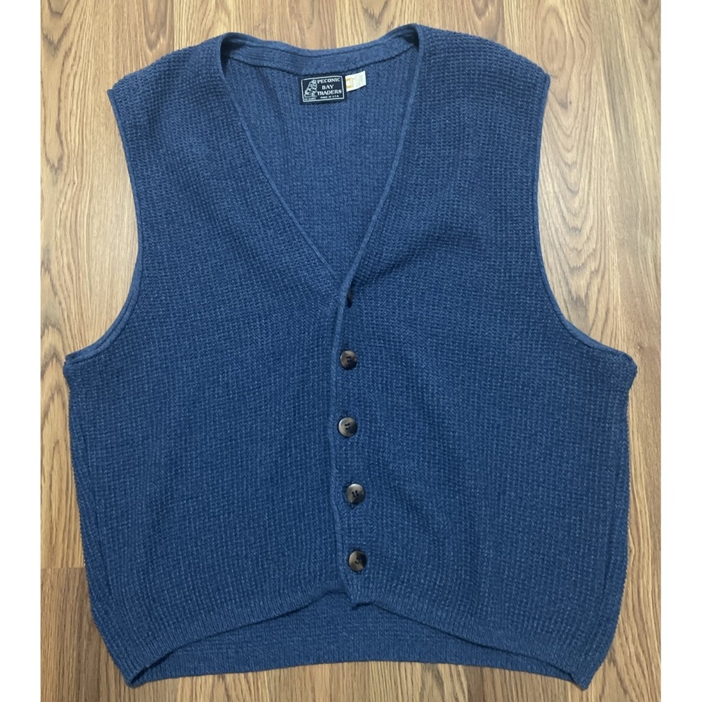 Peconic Bay Traders Vest Mens Large Blue Knit Button Front USA Made Vintage